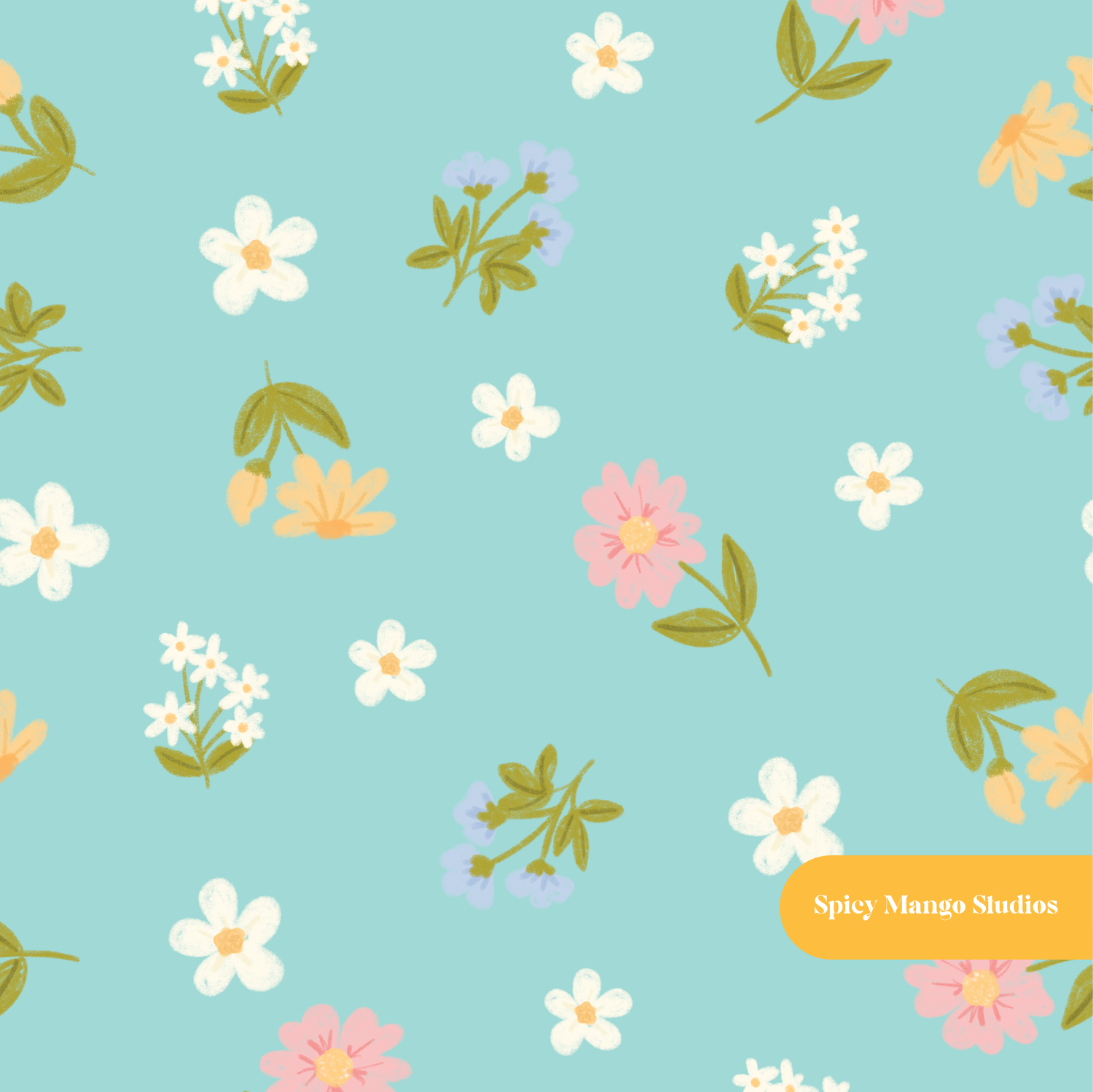 Teal Sketched Spring Floral Seamless Pattern