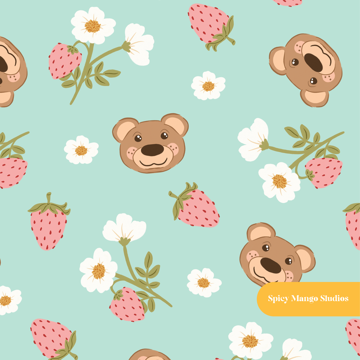 Mint Straw-Bear-Y Seamless Pattern