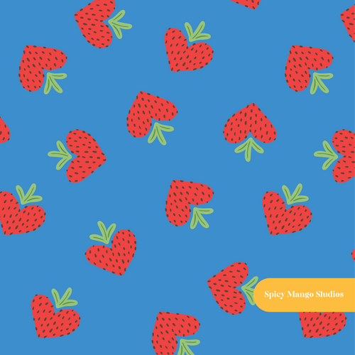 Blue Strawberry Hearts Seamless Pattern