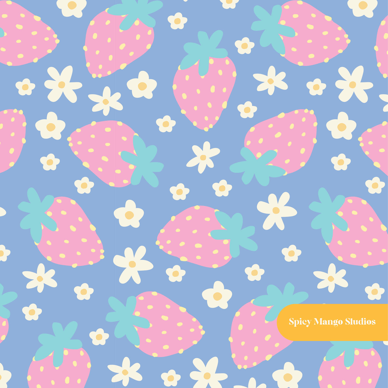 Cloudy Blue Strawberry Floral Seamless Pattern