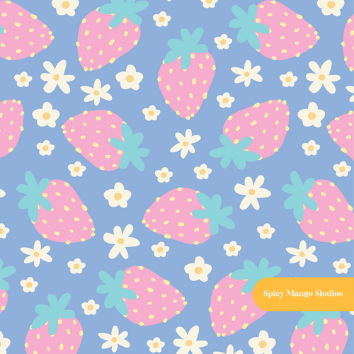 Cloudy Blue Strawberry Floral Seamless Pattern