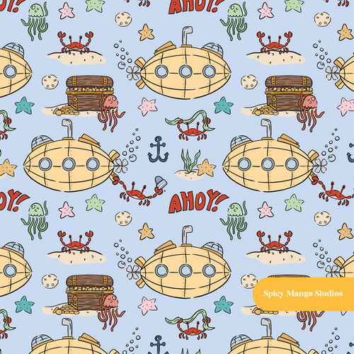 Blue Submarine Adventures Seamless Pattern