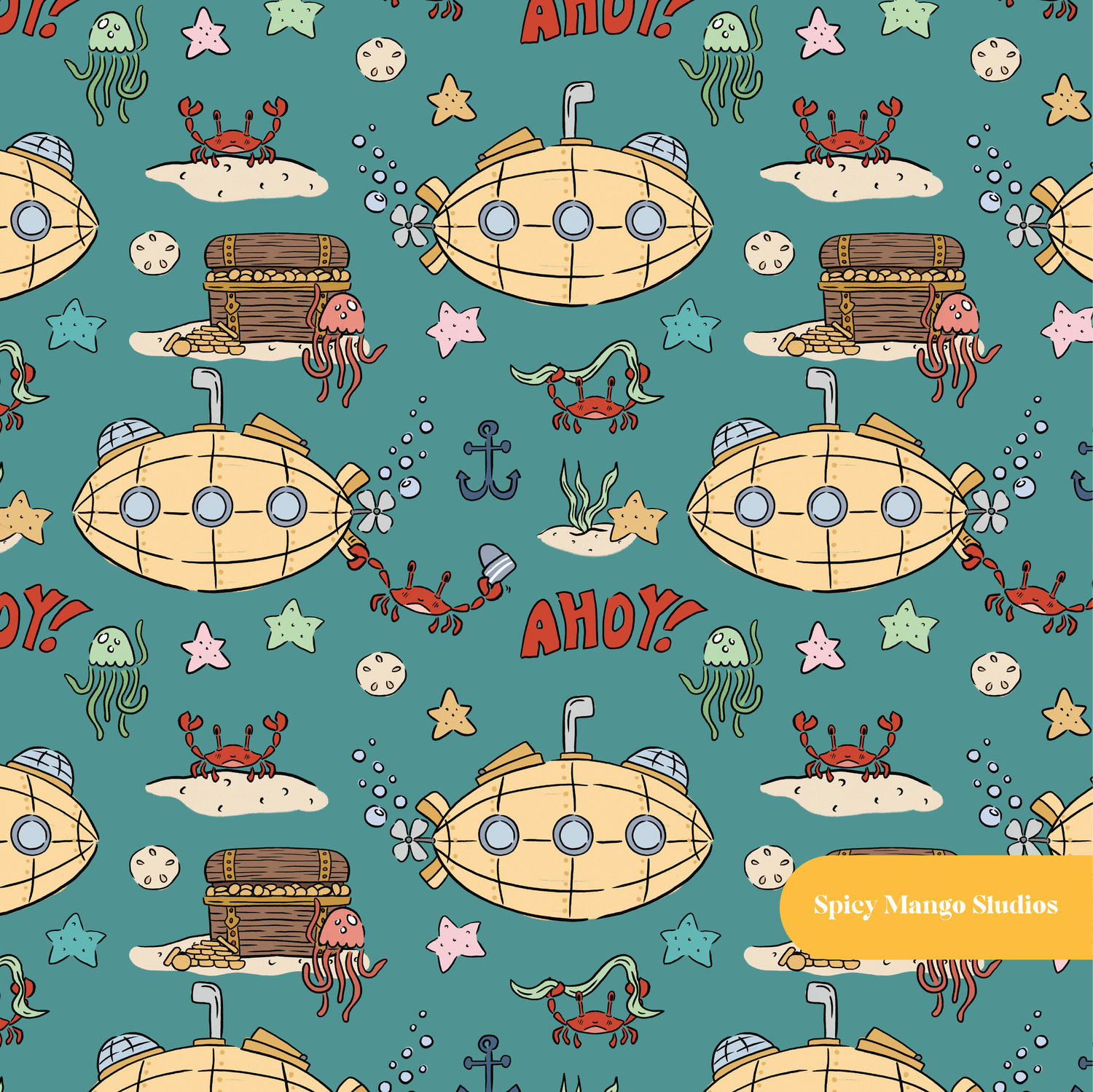 Ocean Teal Submarine Adventures Seamless Pattern