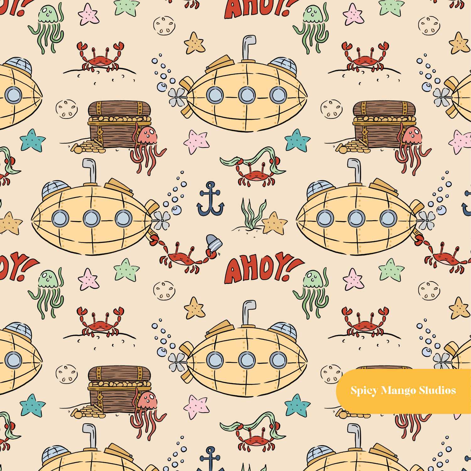 Sand Submarine Adventures Seamless Pattern