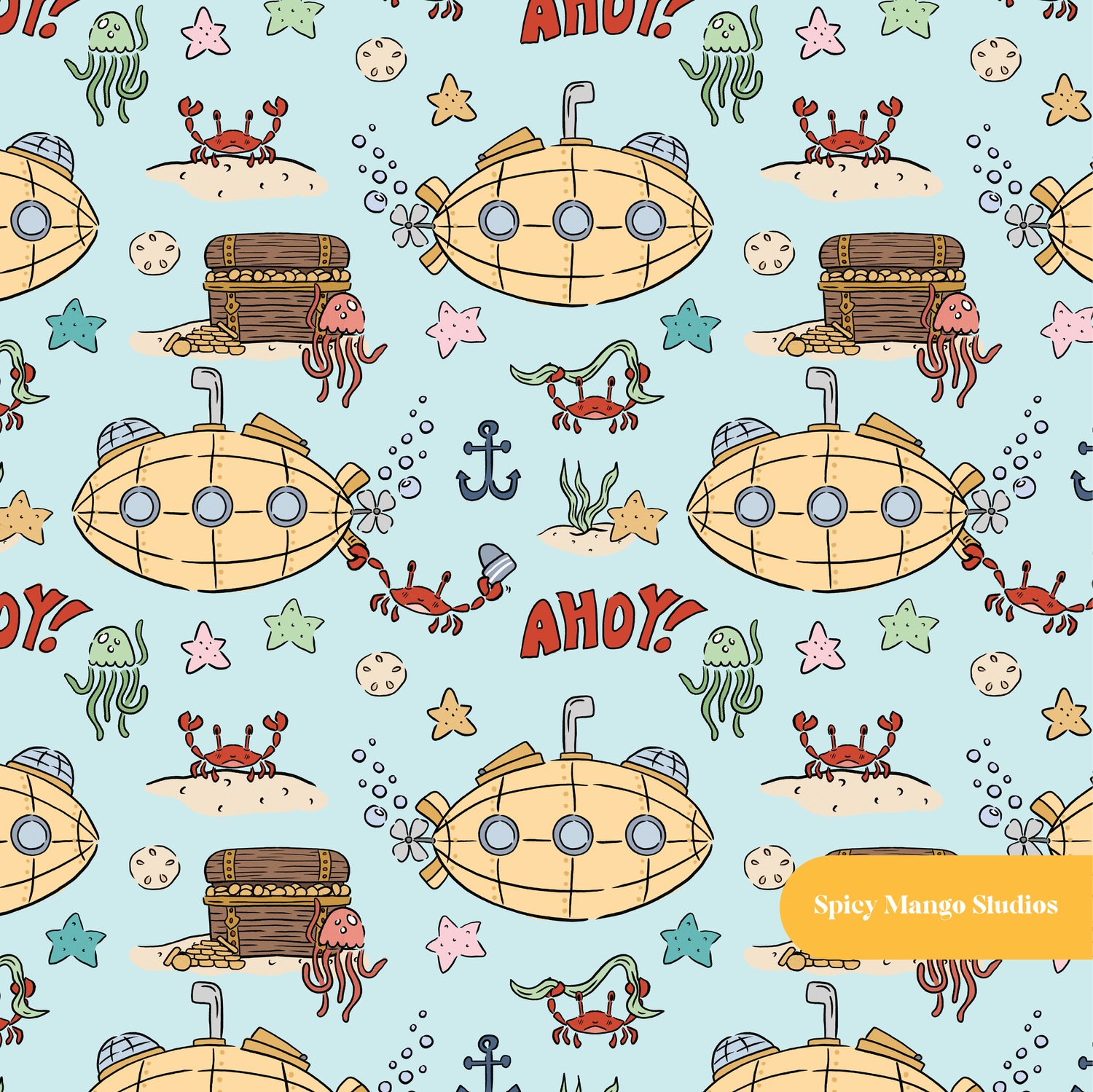 Seafoam Submarine Adventures Seamless Pattern