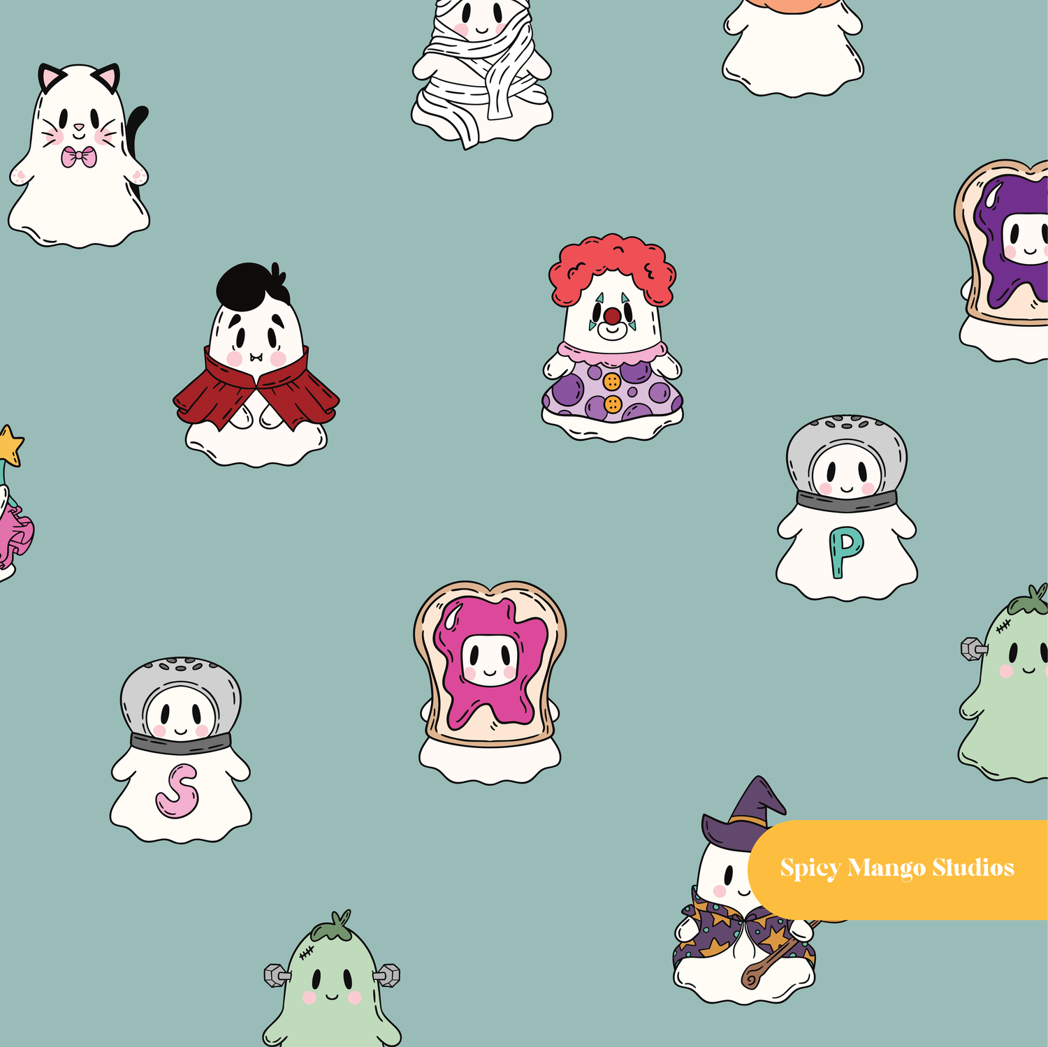 Moss Spooky Ghosts Halloween Seamless Pattern