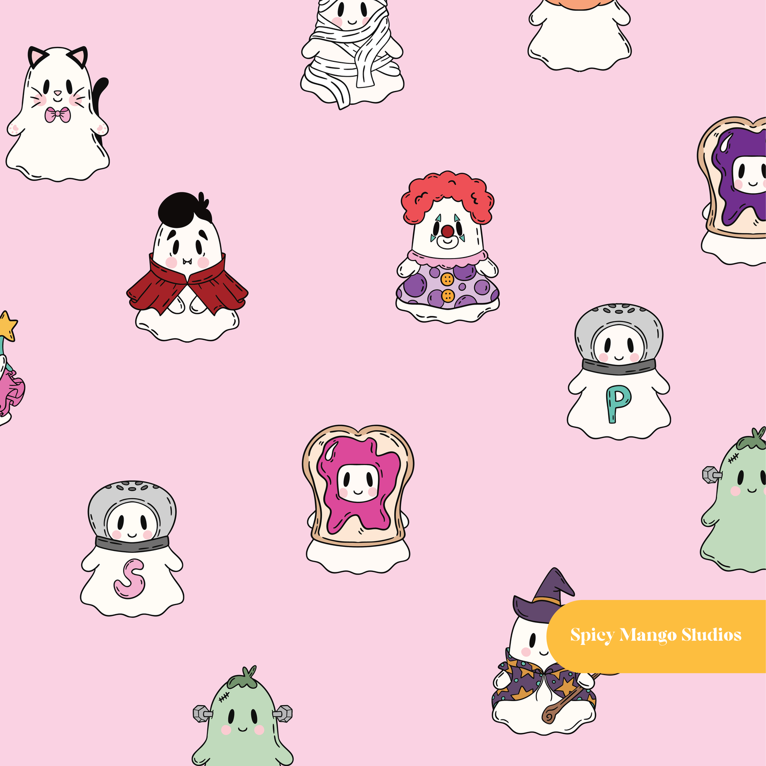 Pink Spooky Ghosts Halloween Seamless Pattern