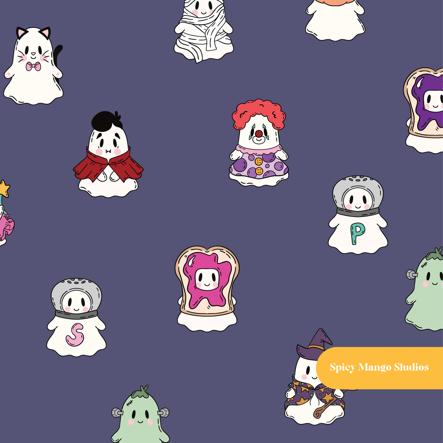 Purple Spooky Ghosts Halloween Seamless Pattern