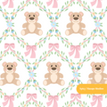 White and Pink Teddy Bear Floral Seamless Pattern