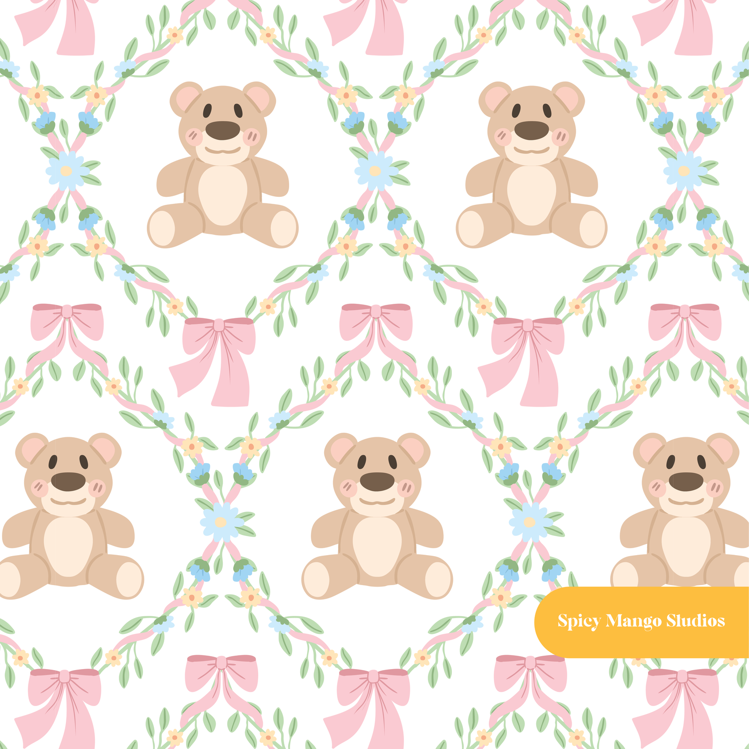 White and Pink Teddy Bear Floral Seamless Pattern