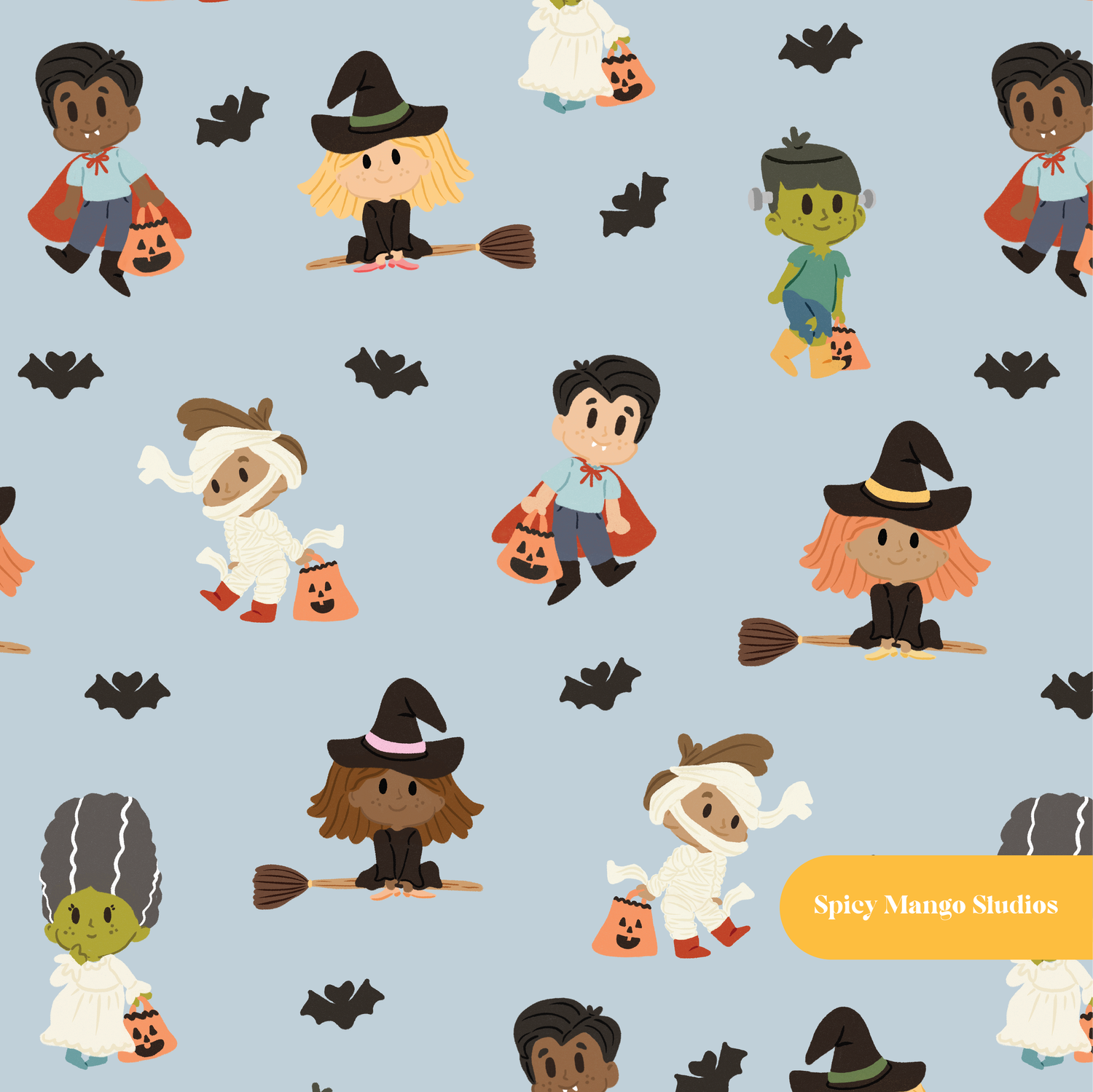 Dusty Blue Trick or Treaters Seamless Pattern – Digital Download