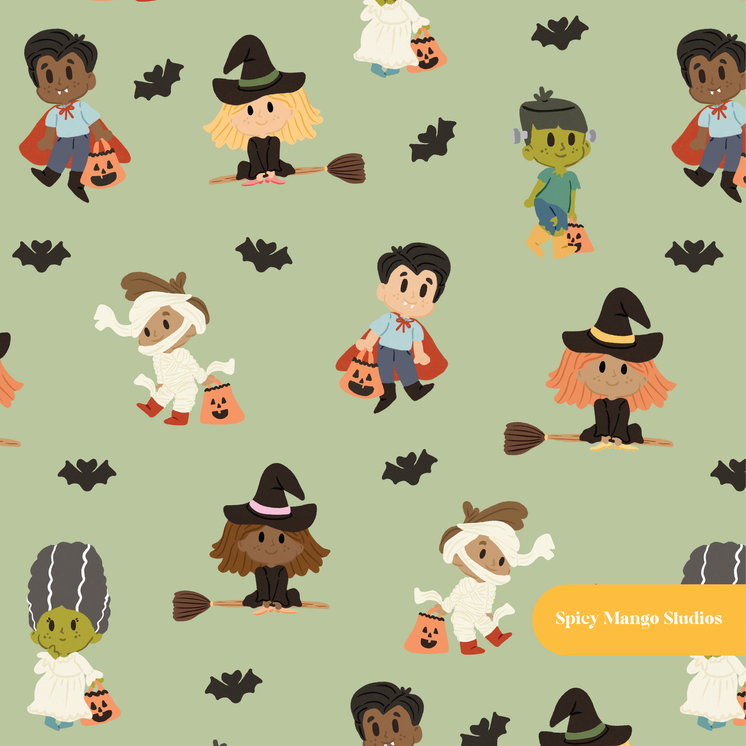 Dusty Green Trick or Treaters Seamless Pattern – Digital Download