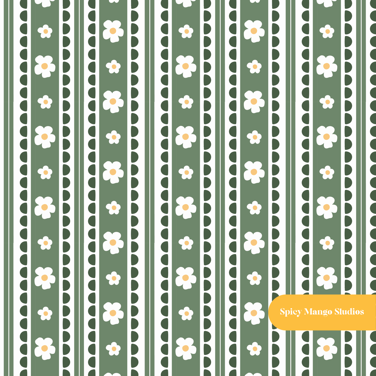 Green Vintage Floral Stripe Seamless Pattern