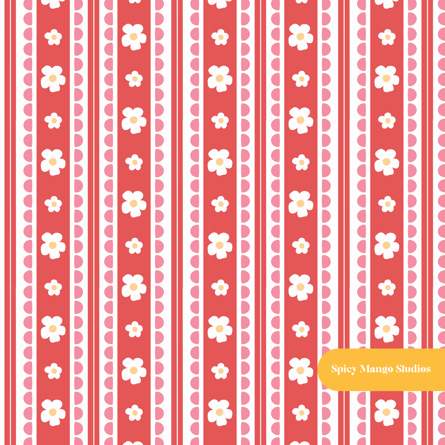 Red Vintage Floral Stripe Seamless Pattern