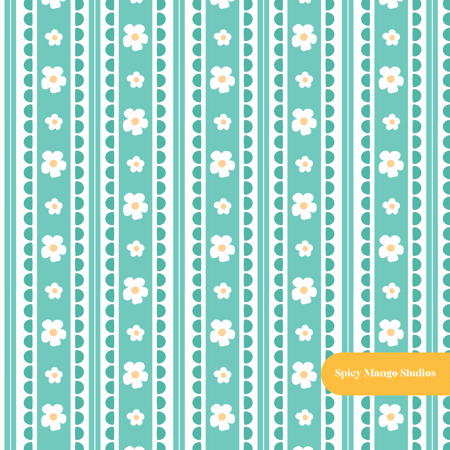Teal Vintage Floral Stripe Seamless Pattern