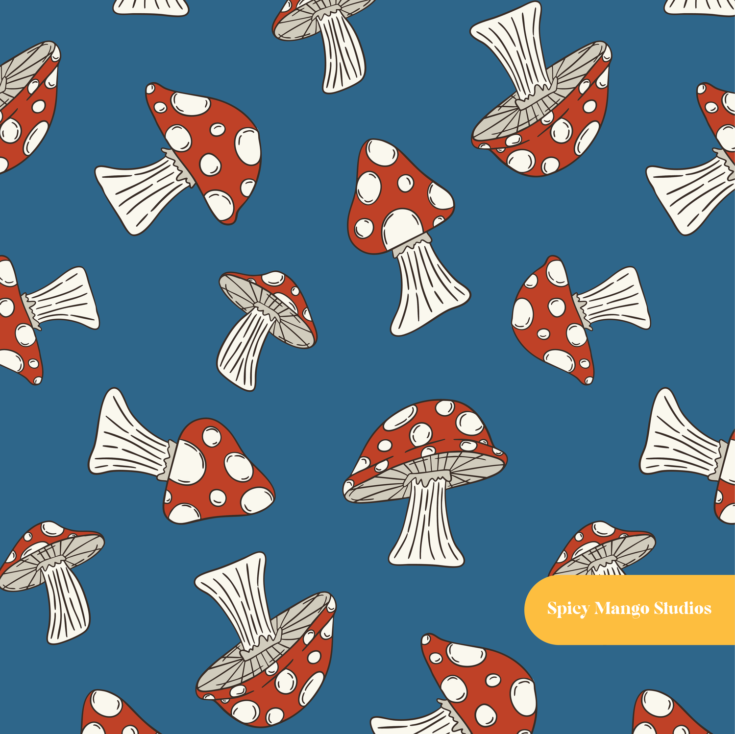 Blue Woodland Mushroom Seamless Pattern