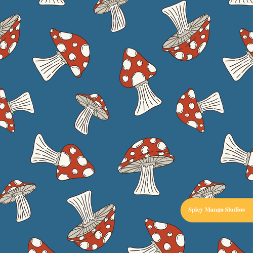 Blue Woodland Mushroom Seamless Pattern