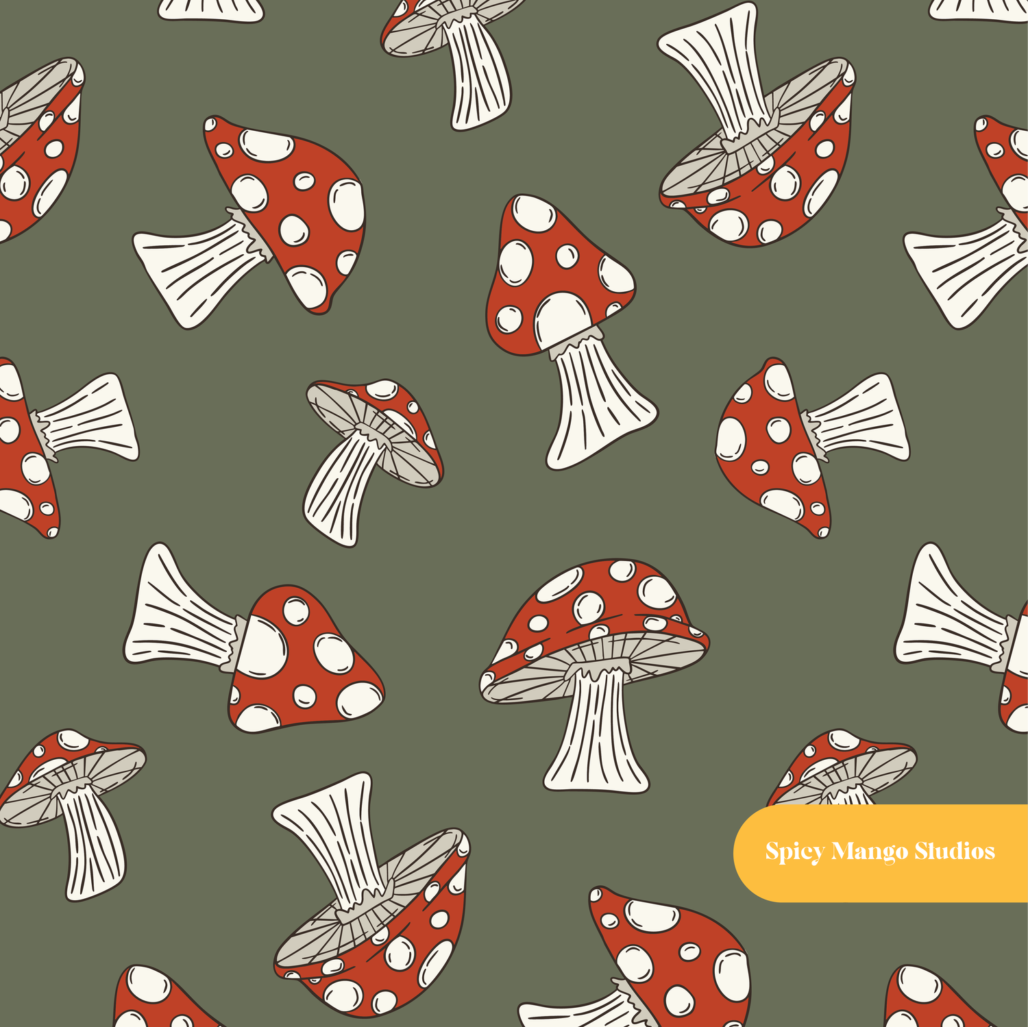 Dark Olive Woodland Mushroom Seamless Pattern