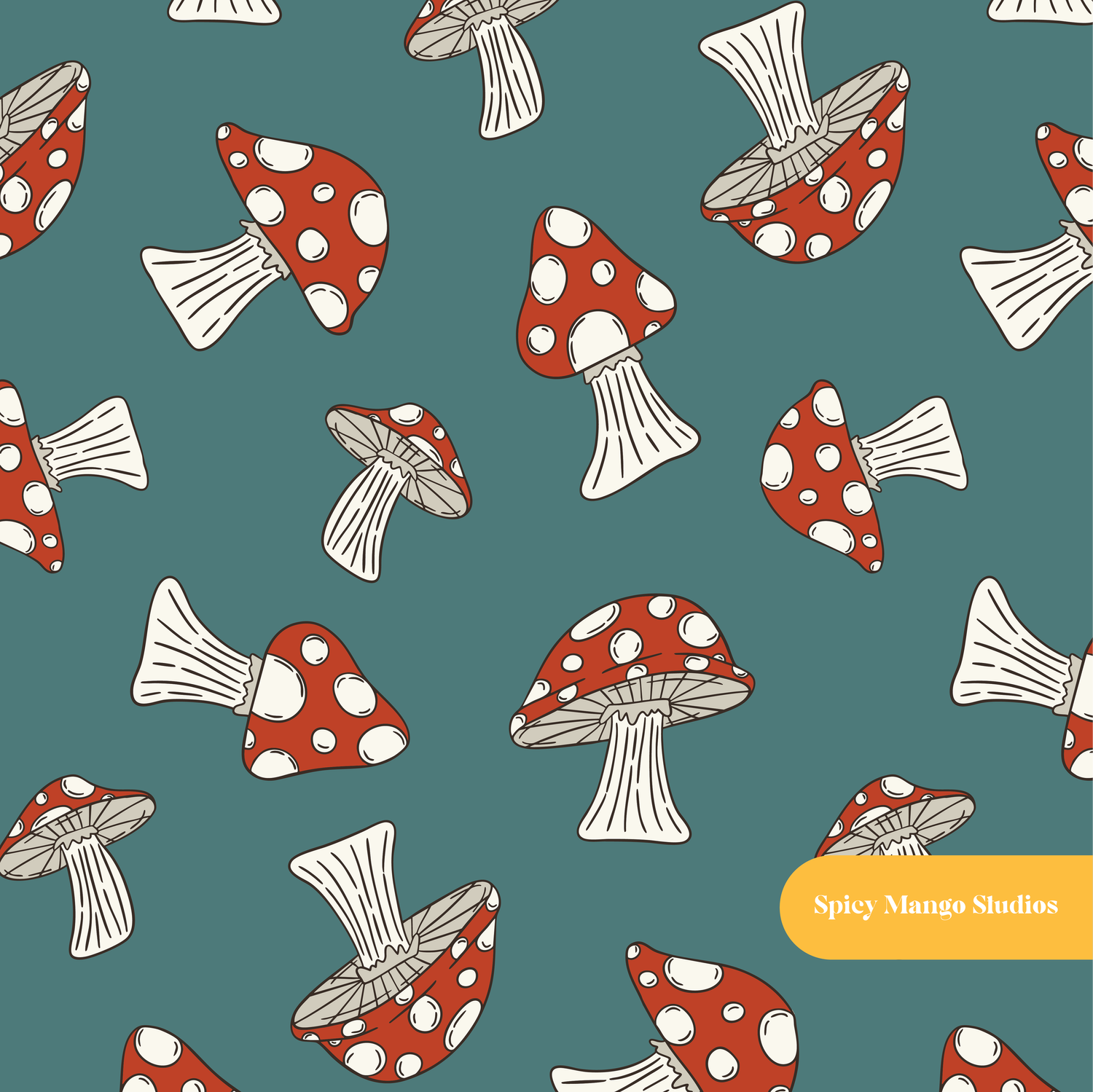 Dark Teal Woodland Mushroom Seamless Pattern