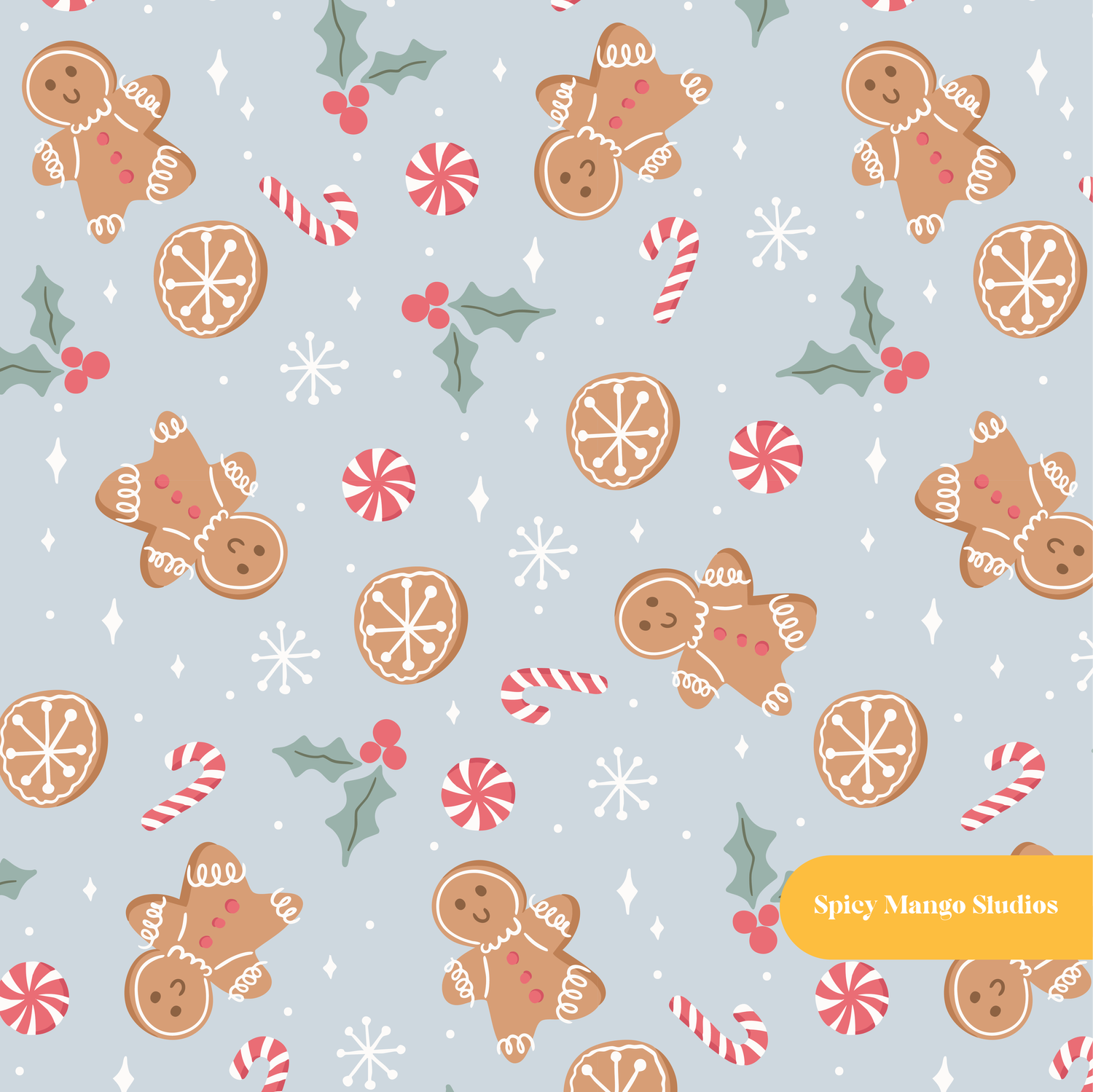 Dusty Blue Whimsy Holiday Seamless Pattern