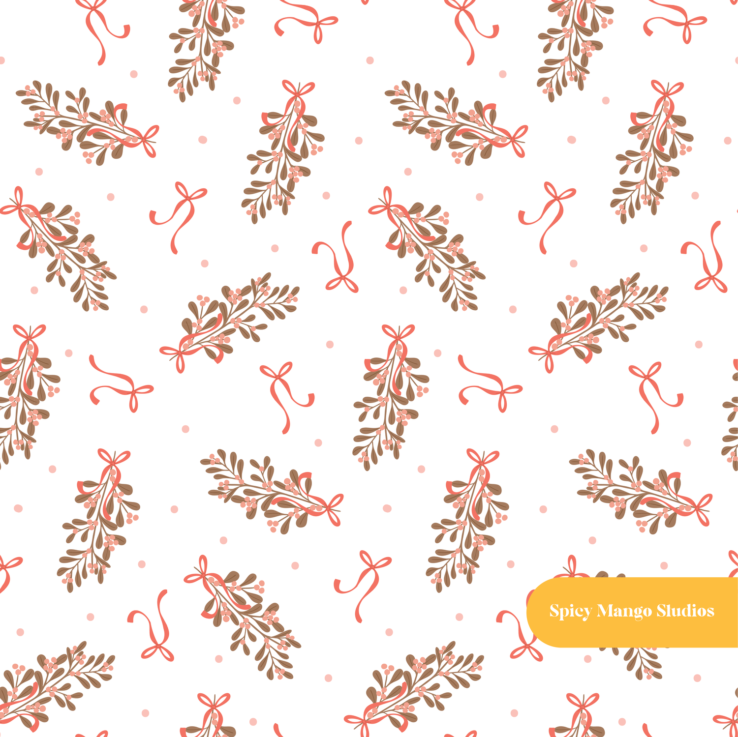 White Whimsy Mistletoe Seamless Pattern