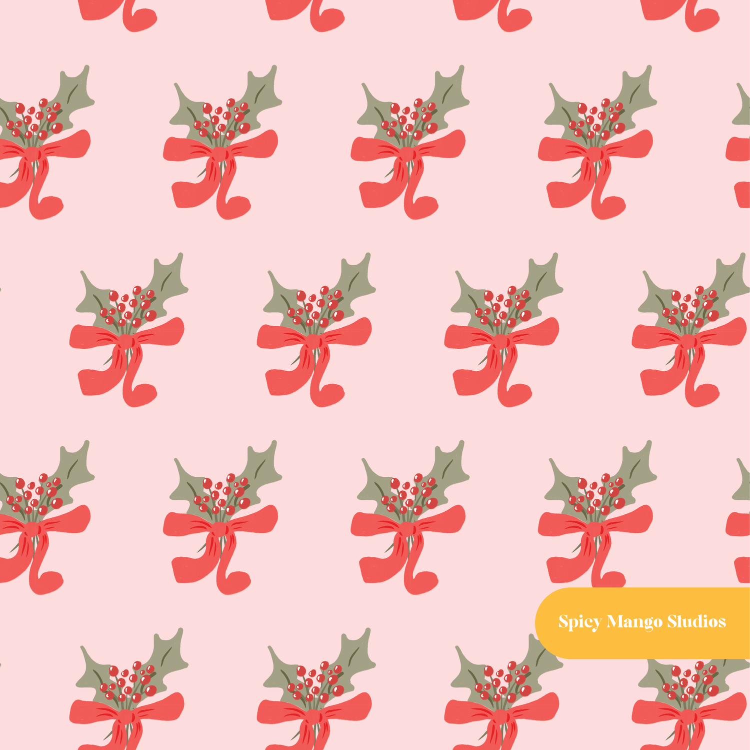Pink Whimsy Holly Seamless Pattern – Christmas & Holiday Décor Digital Download