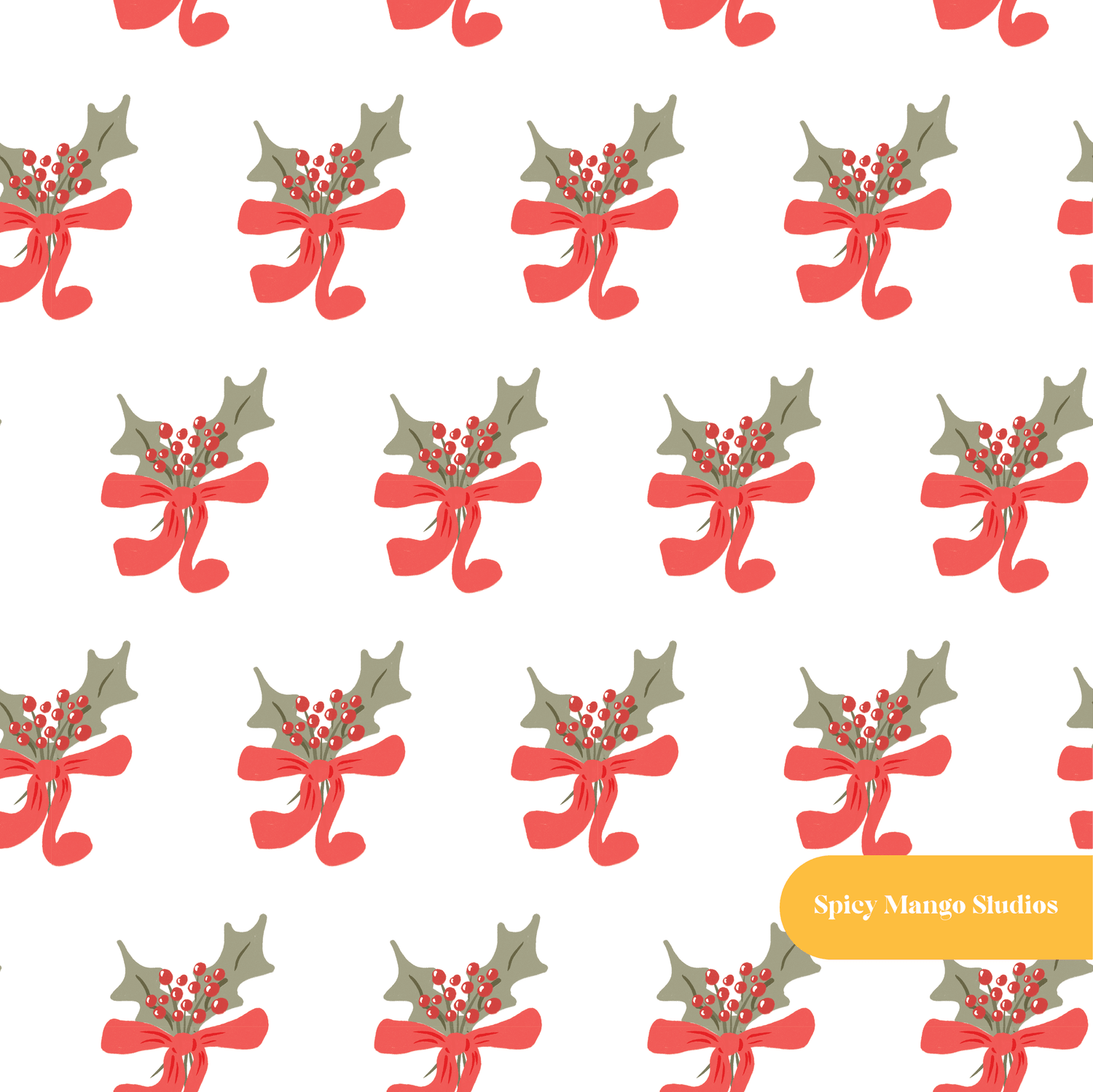 White Whimsy Holly Seamless Pattern – Christmas & Holiday Décor Digital Download