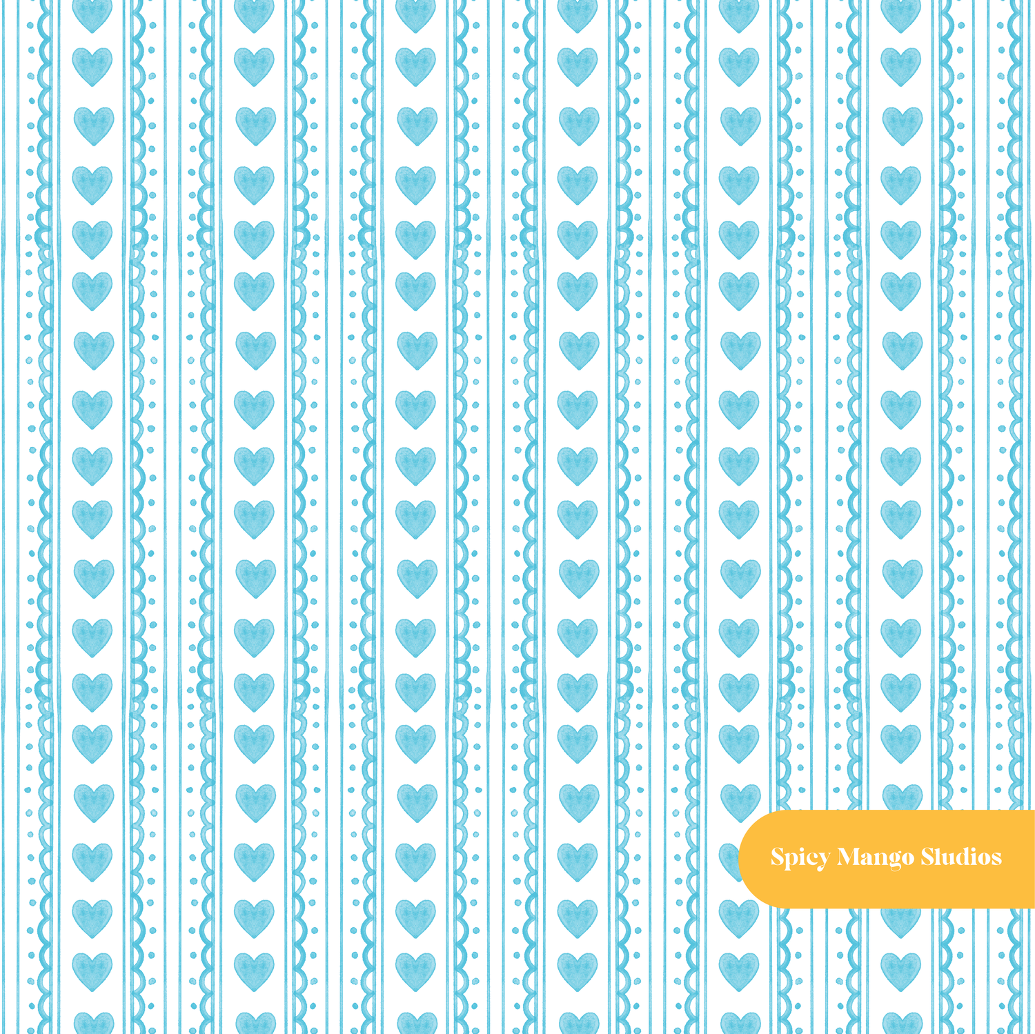 Aqua Watercolor Heart Stripe Seamless Pattern