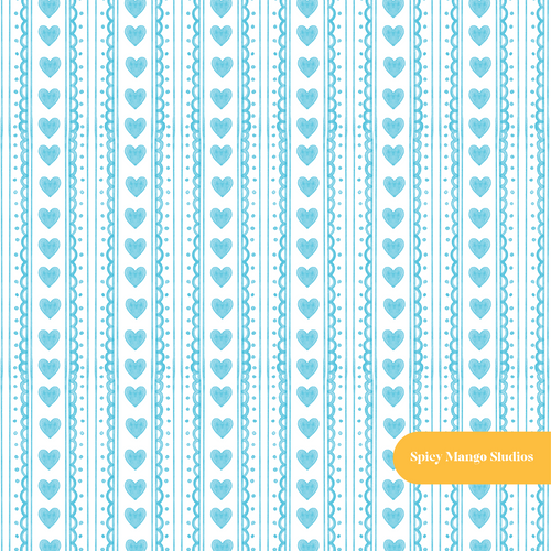 Aqua Watercolor Heart Stripe Seamless Pattern