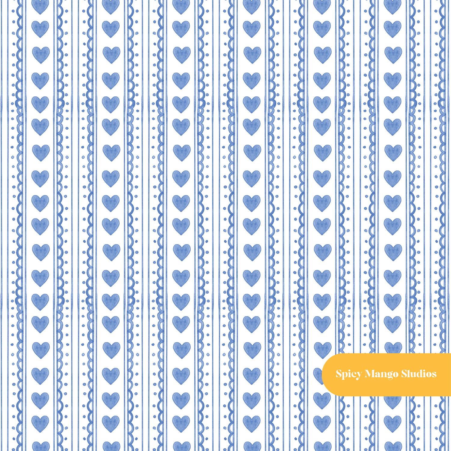 Blue Watercolor Heart Stripe Seamless Pattern