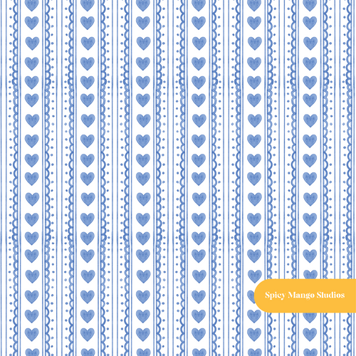 Blue Watercolor Heart Stripe Seamless Pattern