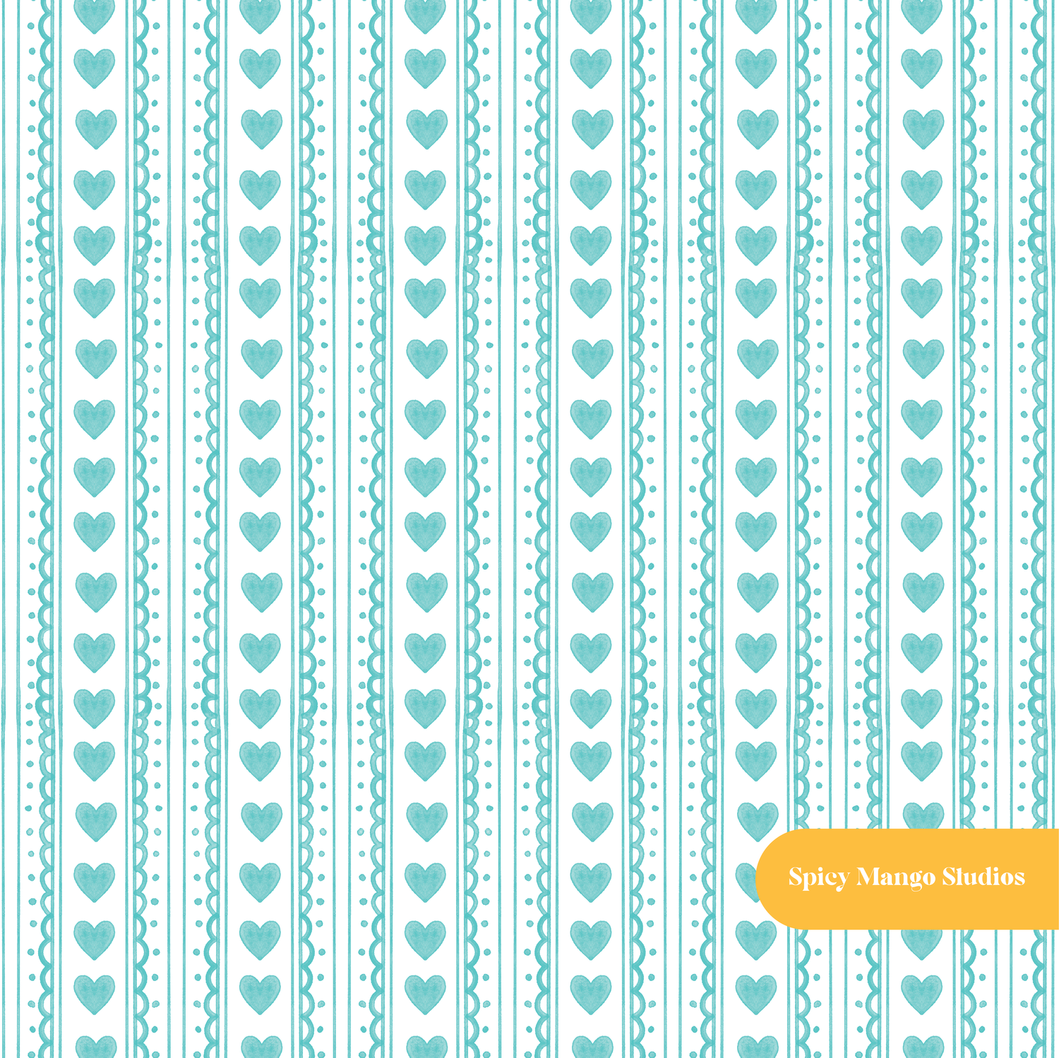Teal Watercolor Heart Stripe Seamless Pattern