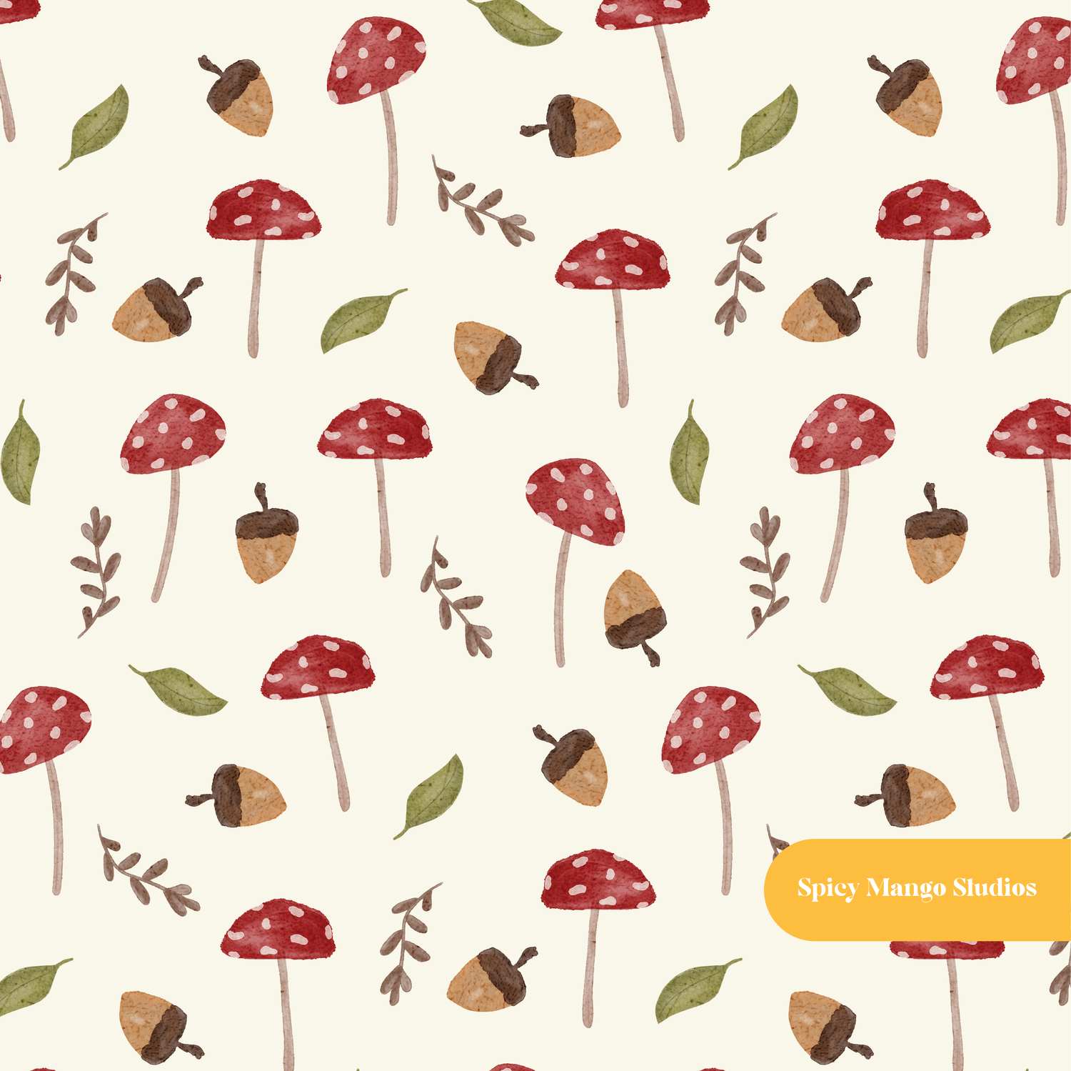Neutral Watercolor Mushrooms Seamless Pattern