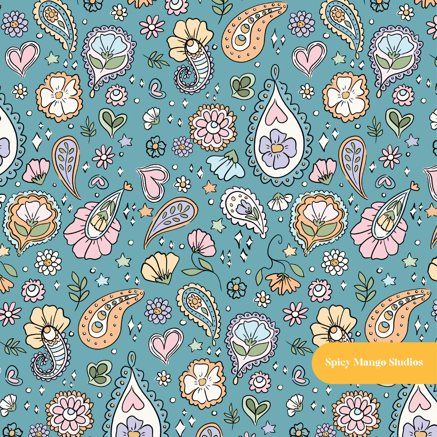 Aquamarine Whimsical Paisley Seamless Pattern