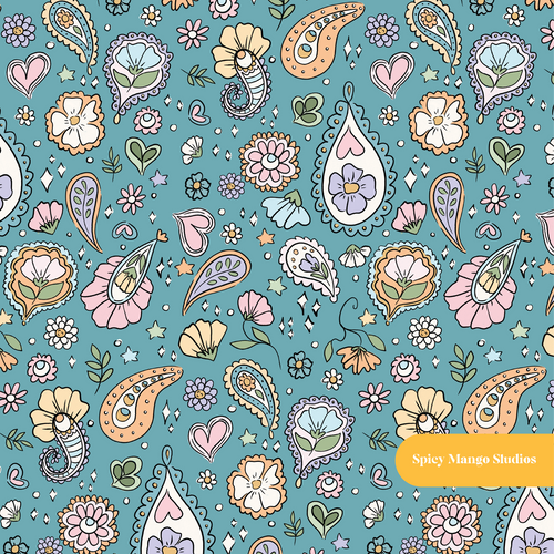 Aquamarine Whimsical Paisley Seamless Pattern