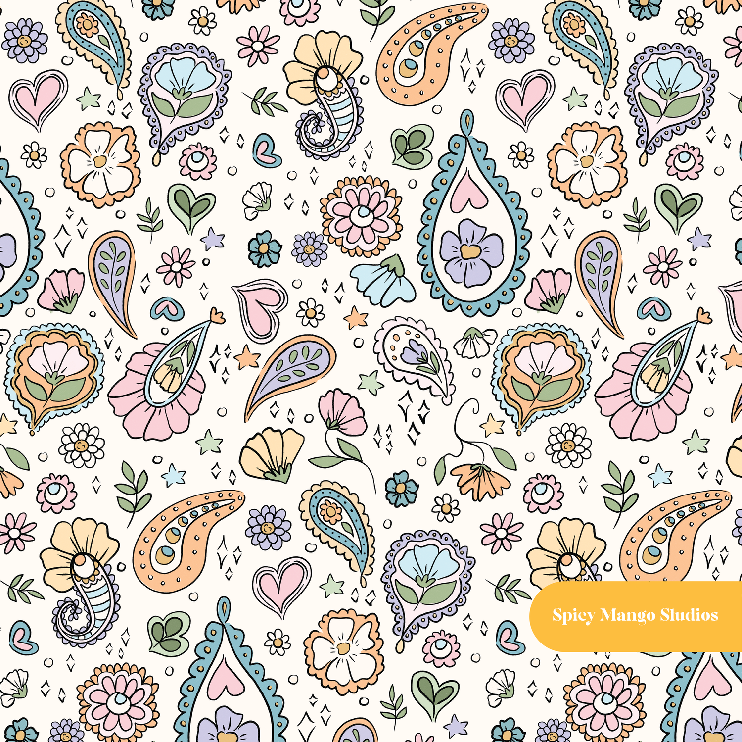 Off White Whimsical Paisley Seamless Pattern