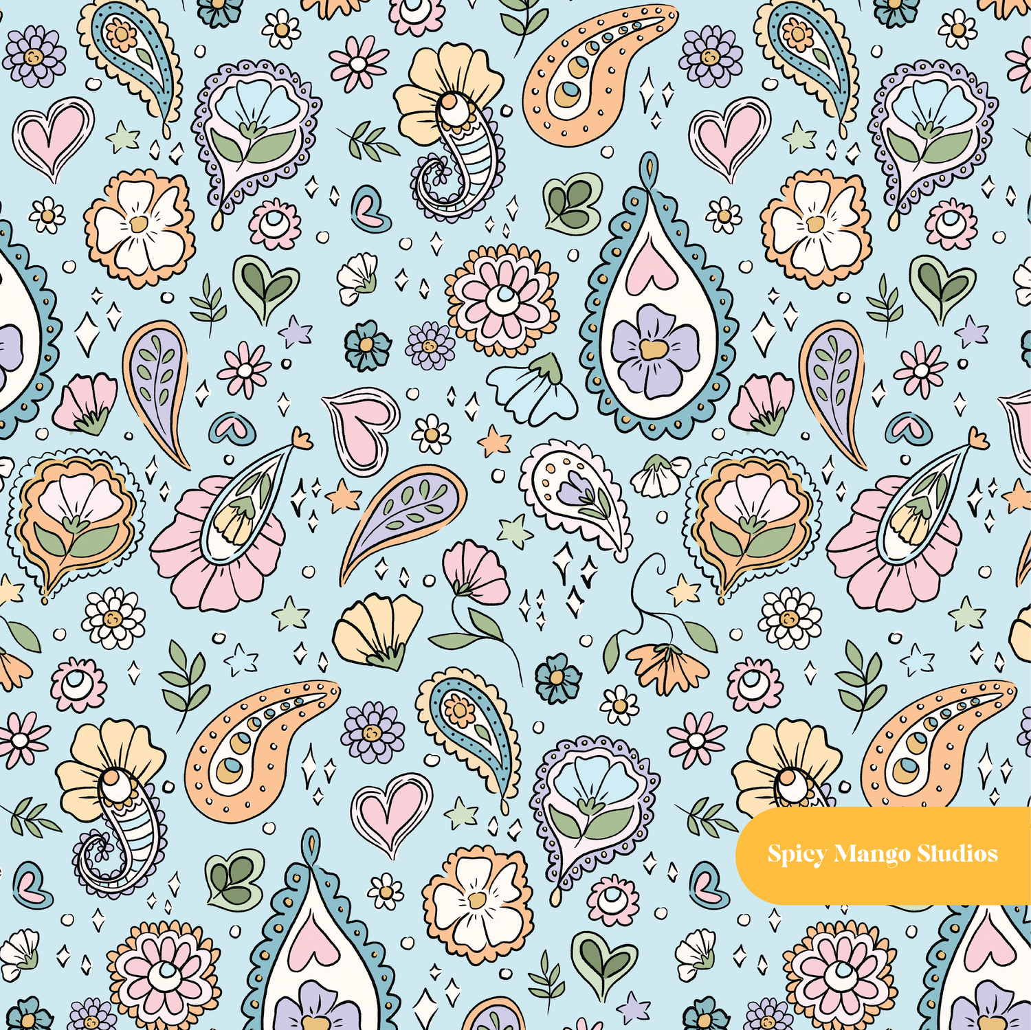 Pastel Blue Whimsical Paisley Seamless Pattern