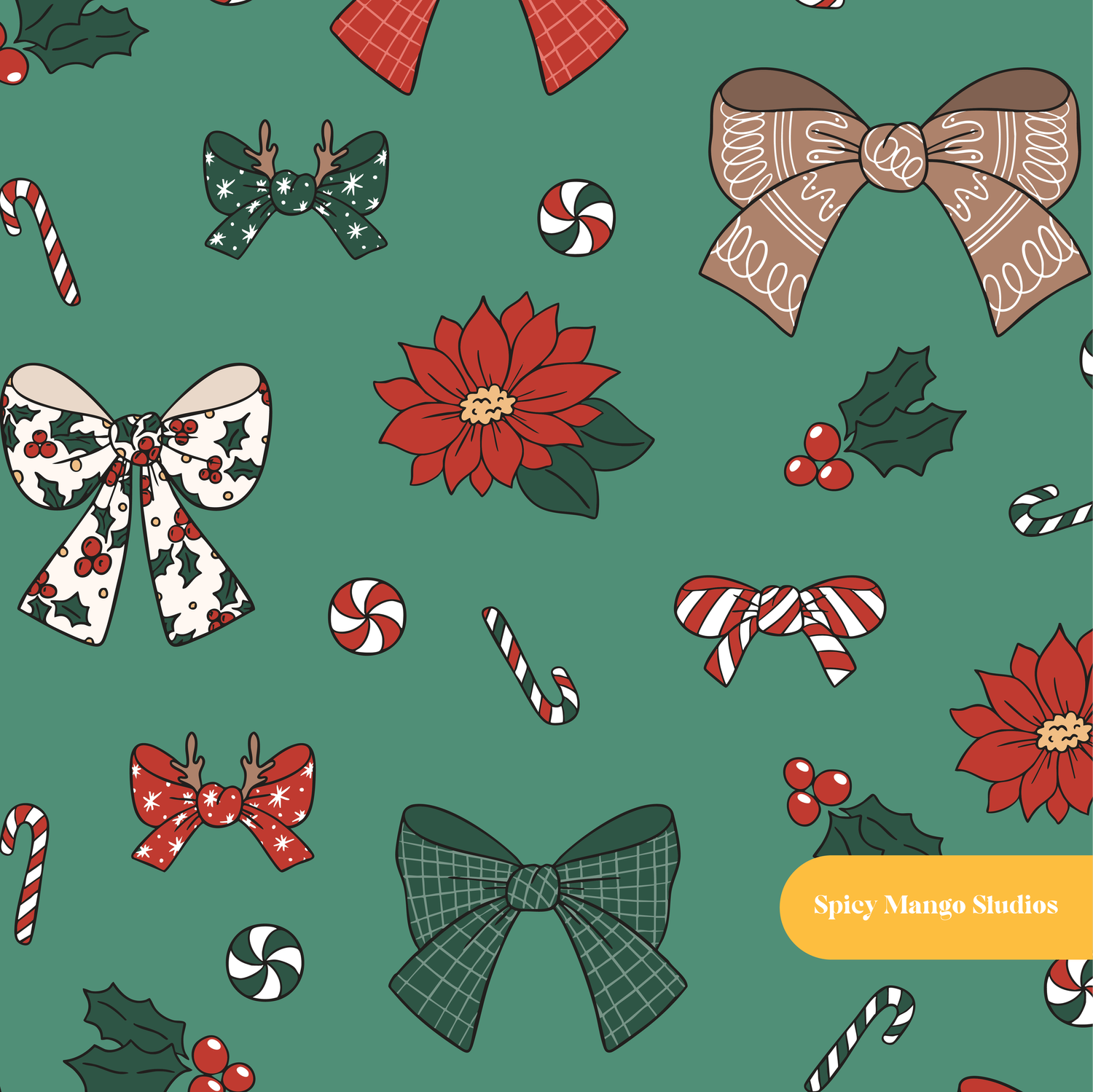 Green Christmas Bow Medley Seamless Pattern