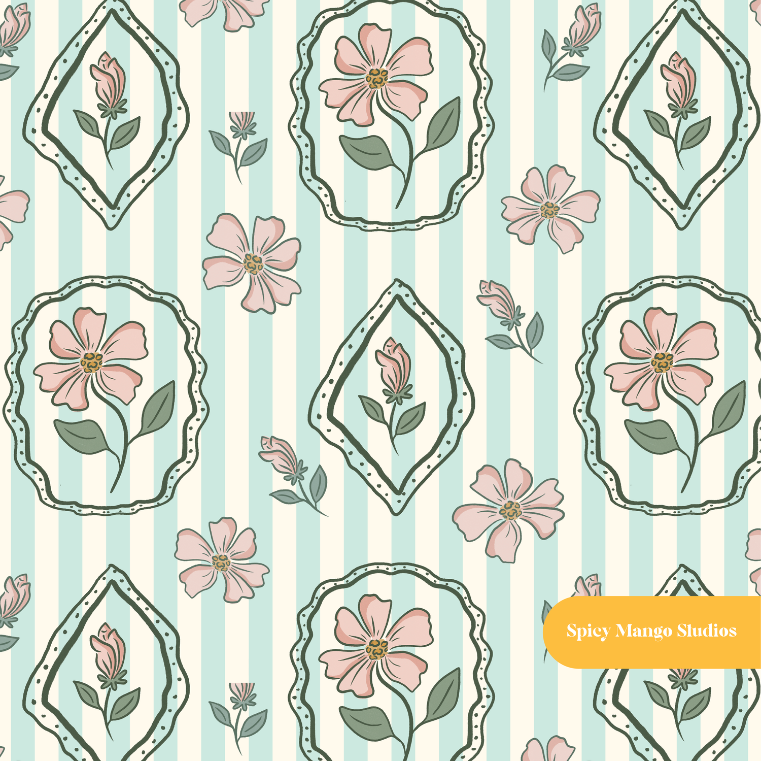 Aqua and Beige Stripe Cosette Floral Seamless Pattern