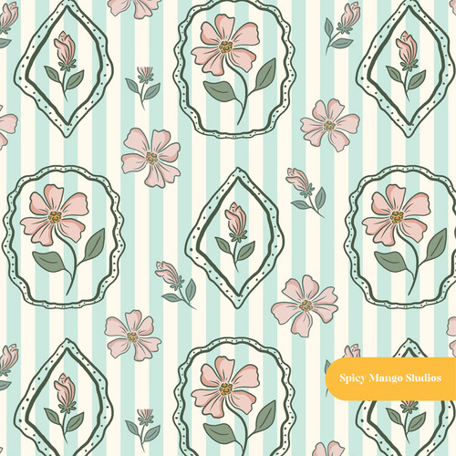 Aqua and Beige Stripe Cosette Floral Seamless Pattern