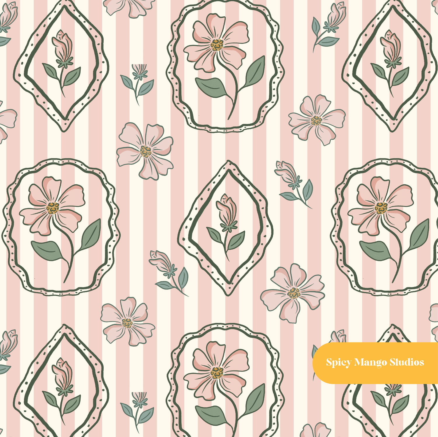 Pink and Beige Stripe Cosette Floral Seamless Pattern