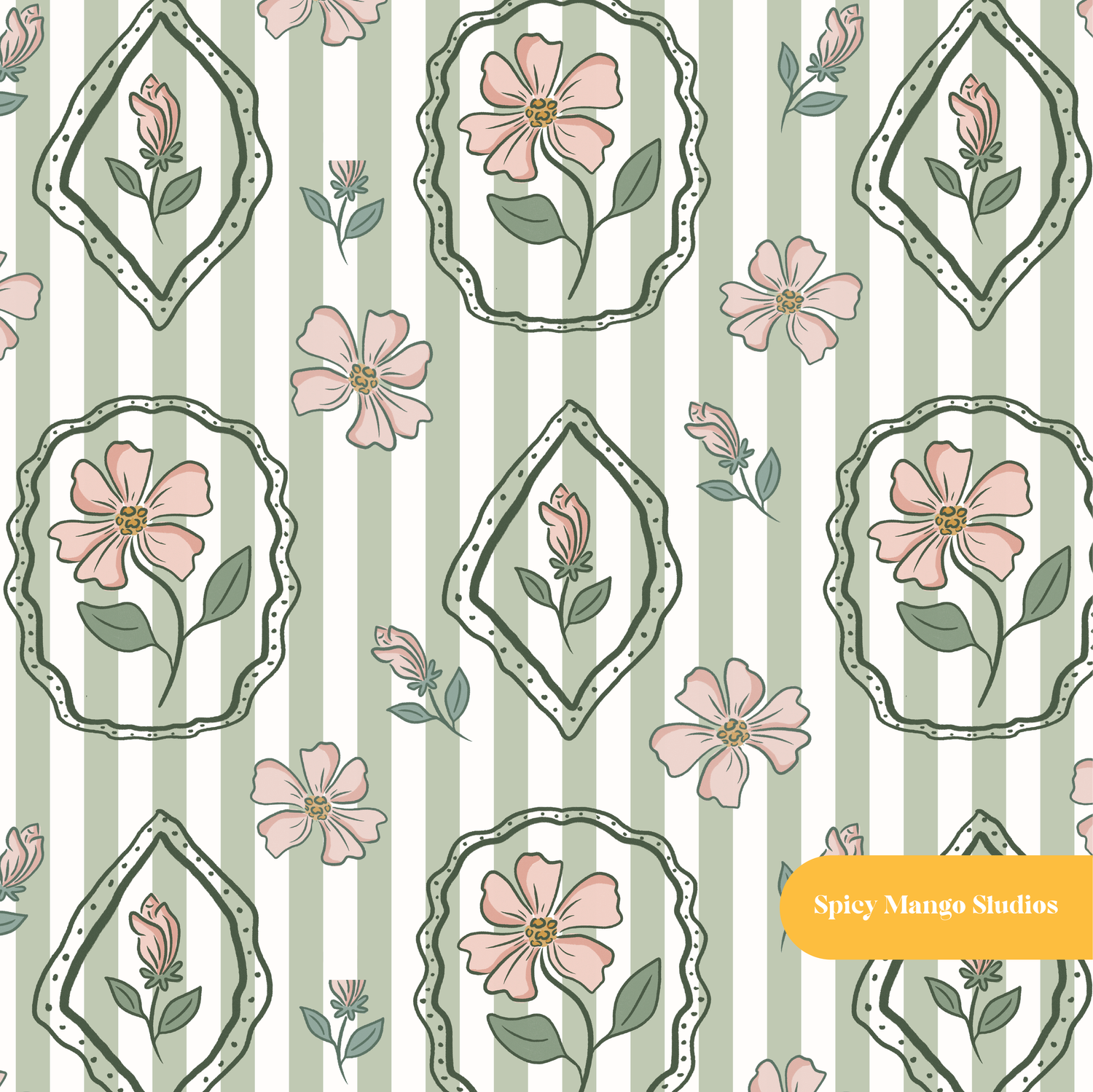 Sage and White Stripe Cosette Floral Seamless Pattern