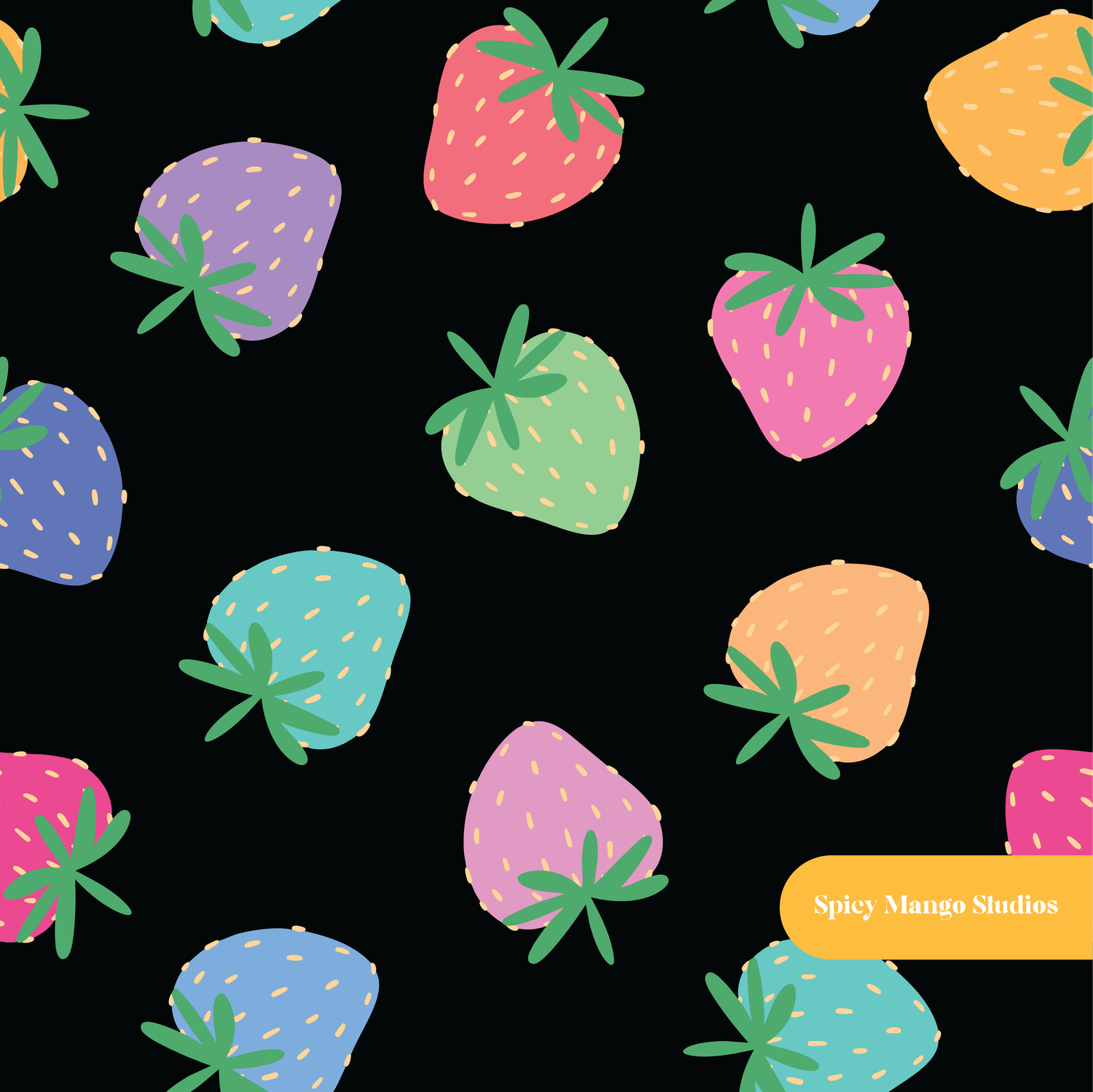 Black Colorful Summer Strawberries Seamless Pattern – Digital Download