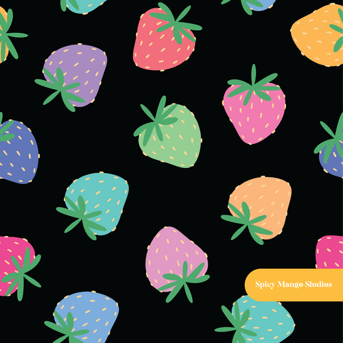 Black Colorful Summer Strawberries Seamless Pattern – Digital Download
