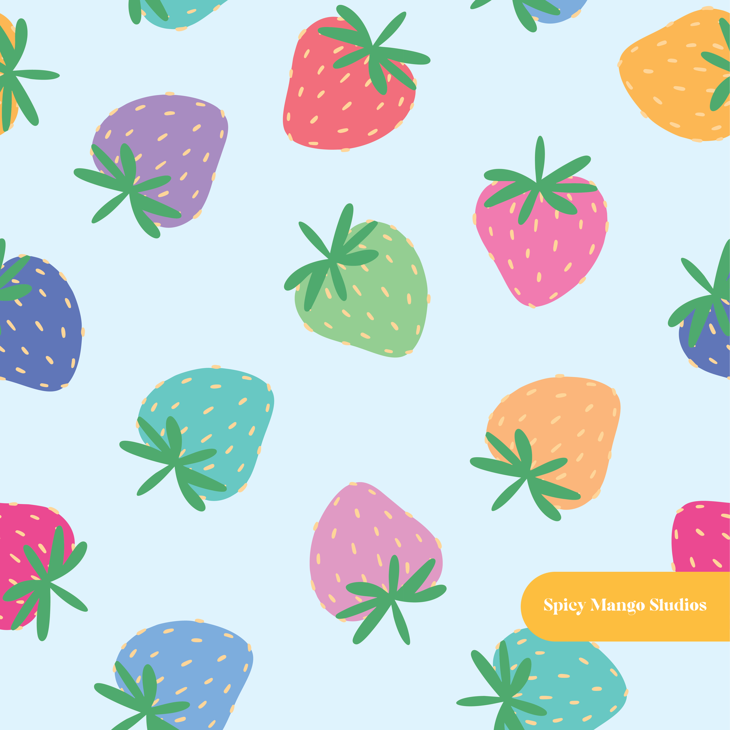 Light Blue Colorful Summer Strawberries Seamless Pattern – Digital Download
