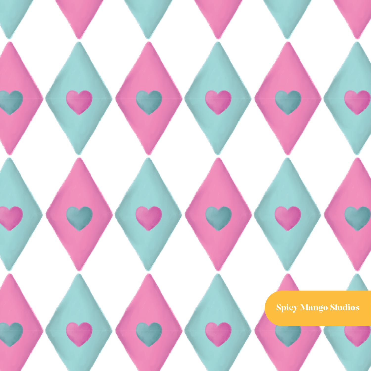 Pink and Teal Diamond Hearts Seamless Pattern