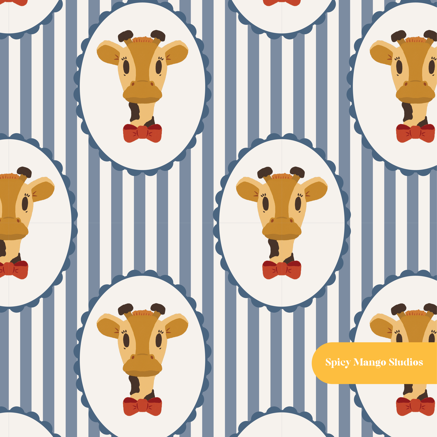 Blue Stripe Dapper Giraffe Nursery Seamless Pattern