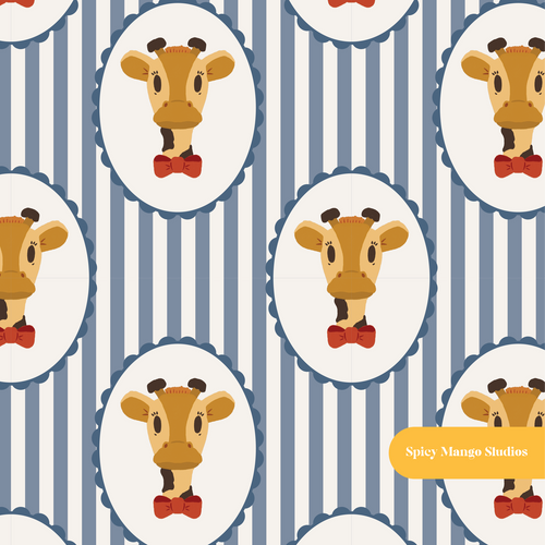 Blue Stripe Dapper Giraffe Nursery Seamless Pattern