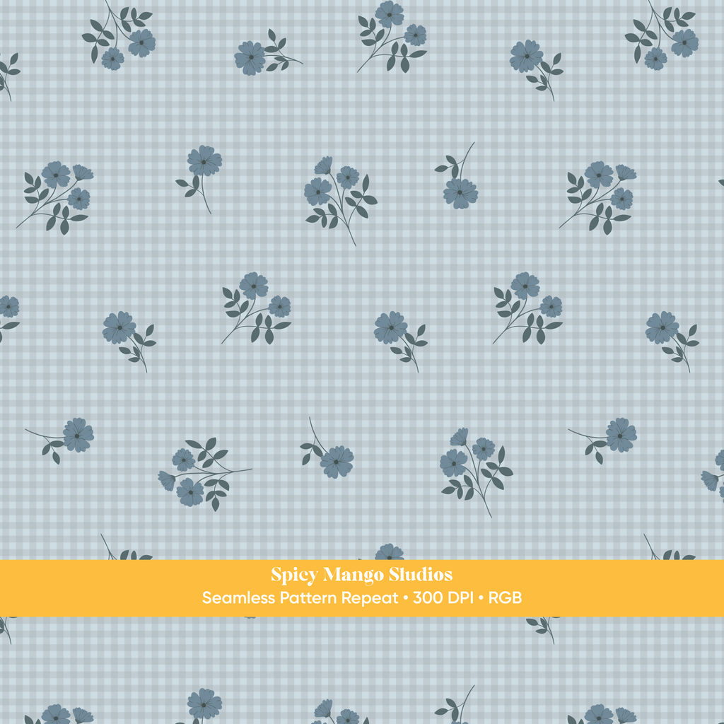 Blue Fall Floral Gingham Seamless Pattern