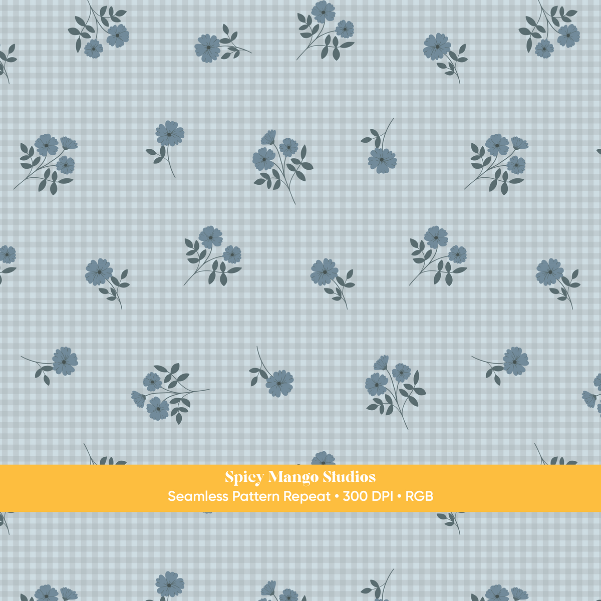 Blue Fall Floral Gingham Seamless Pattern